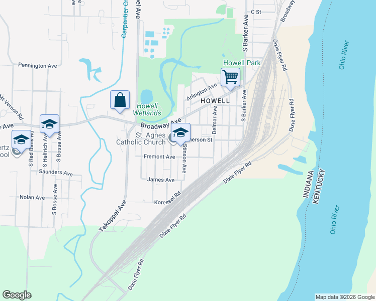 map of restaurants, bars, coffee shops, grocery stores, and more near 1612 Stinson Avenue in Evansville