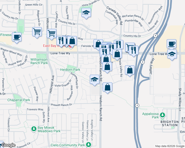 map of restaurants, bars, coffee shops, grocery stores, and more near 5209 Rainwood Way in Antioch
