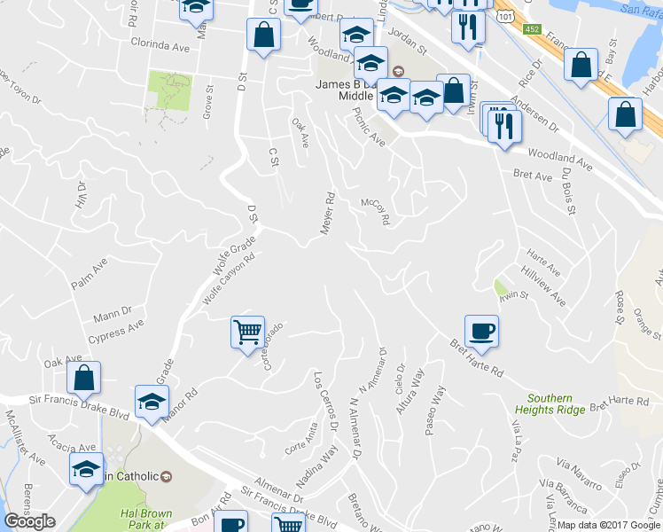 map of restaurants, bars, coffee shops, grocery stores, and more near 500 Vista Grande in San Rafael