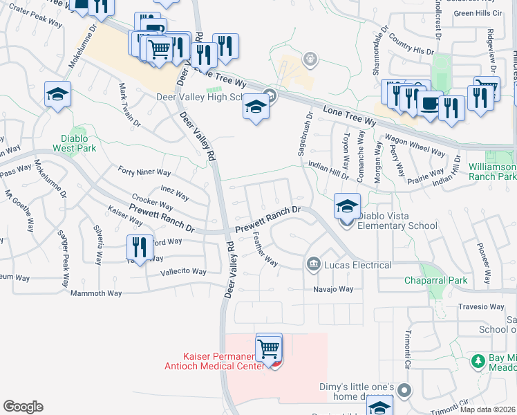 map of restaurants, bars, coffee shops, grocery stores, and more near 5120 Paddock Court in Antioch