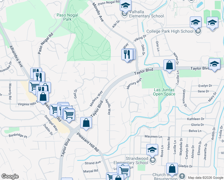 map of restaurants, bars, coffee shops, grocery stores, and more near 509 Wilbur Drive in Pleasant Hill