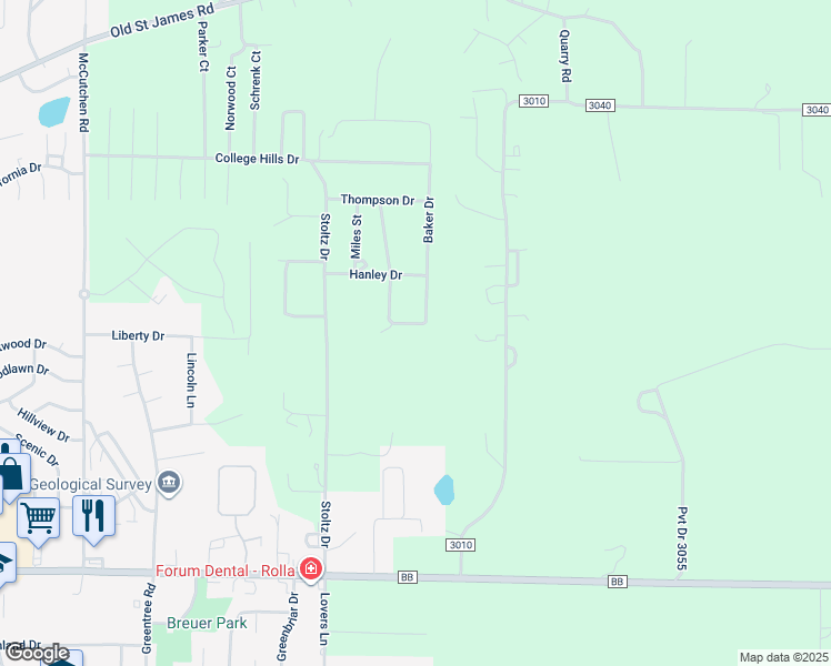 map of restaurants, bars, coffee shops, grocery stores, and more near 10556 Butler Circle in Rolla