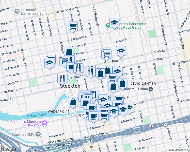 map of restaurants, bars, coffee shops, grocery stores, and more near 625 North San Joaquin Street in Stockton