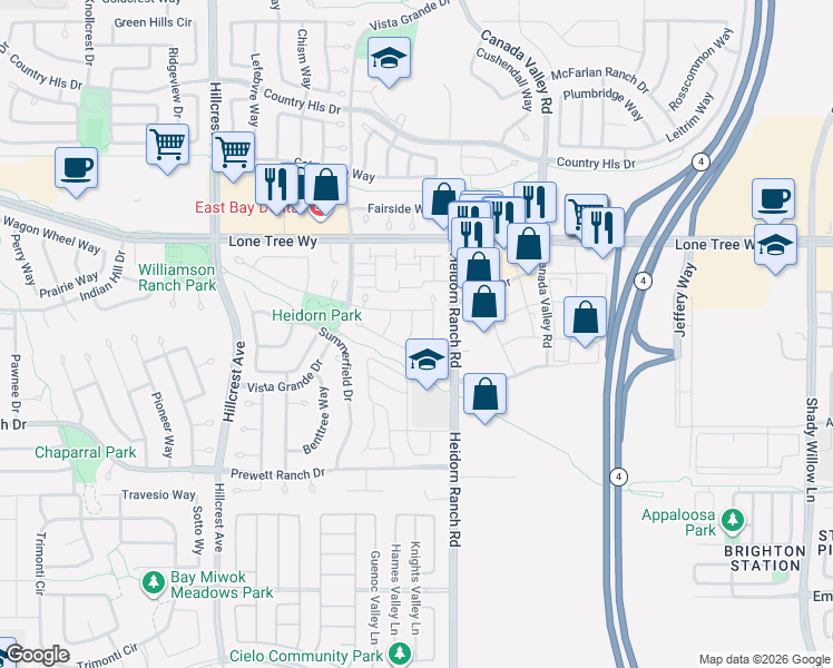map of restaurants, bars, coffee shops, grocery stores, and more near 5209 Rainwood Way in Antioch