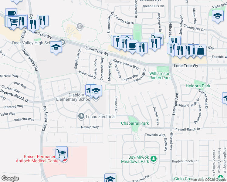 map of restaurants, bars, coffee shops, grocery stores, and more near 5112 Grass Valley Way in Antioch