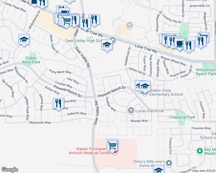 map of restaurants, bars, coffee shops, grocery stores, and more near 5120 Paddock Court in Antioch