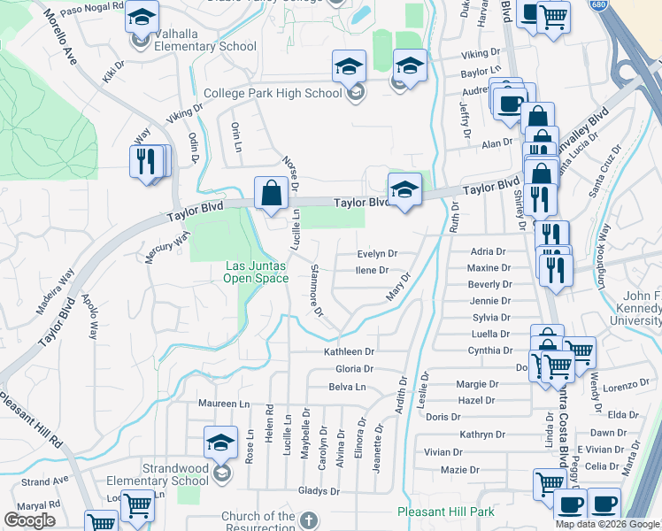 map of restaurants, bars, coffee shops, grocery stores, and more near 1630 Merian Drive in Pleasant Hill