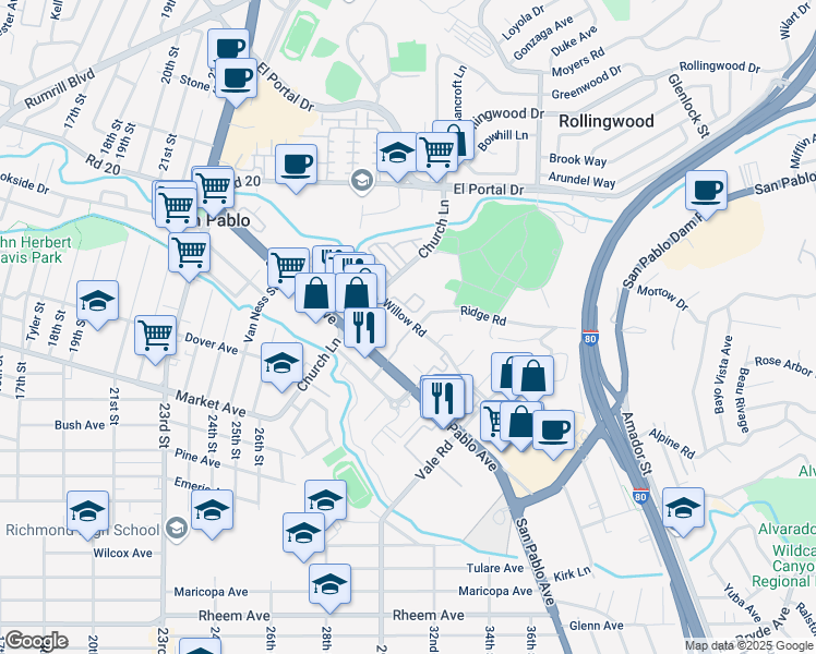 map of restaurants, bars, coffee shops, grocery stores, and more near 13700 Willow Road in San Pablo