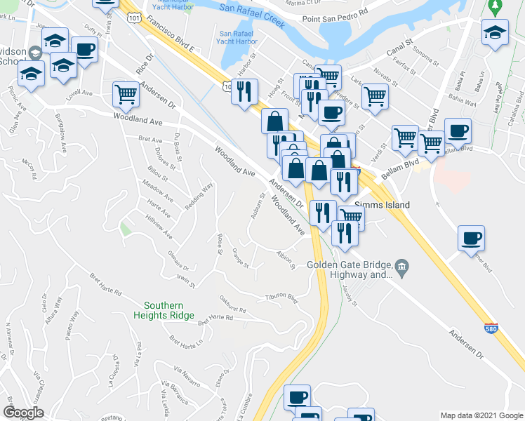 map of restaurants, bars, coffee shops, grocery stores, and more near 114 Auburn Street in San Rafael