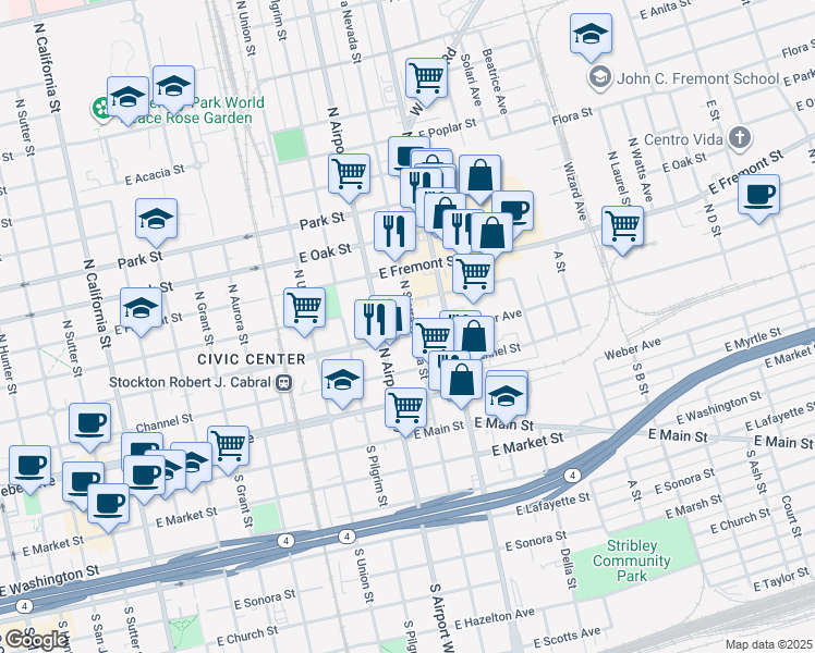 map of restaurants, bars, coffee shops, grocery stores, and more near 1415 East Miner Avenue in Stockton