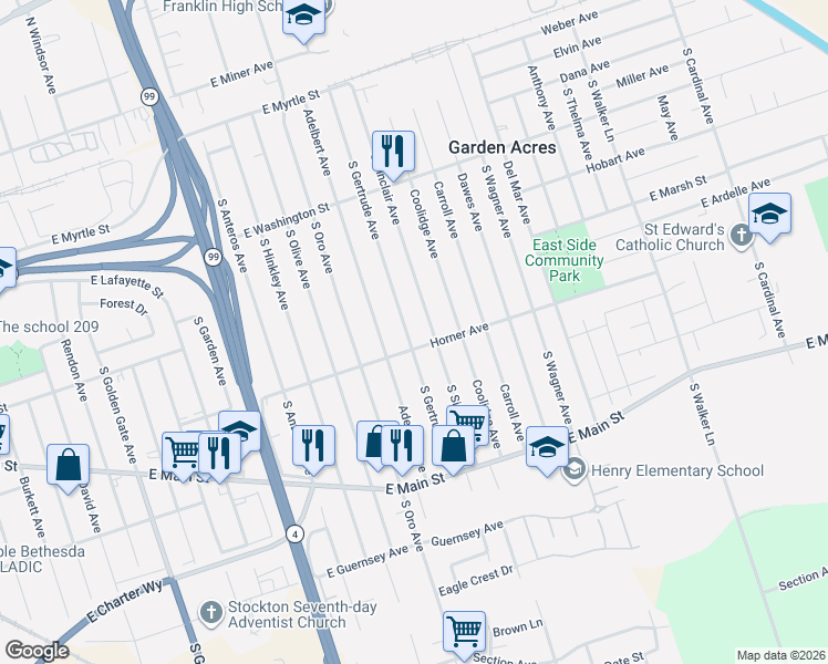 map of restaurants, bars, coffee shops, grocery stores, and more near 539 South Gertrude Avenue in Stockton