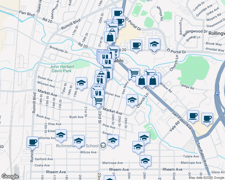map of restaurants, bars, coffee shops, grocery stores, and more near 1943 Powell Street in San Pablo
