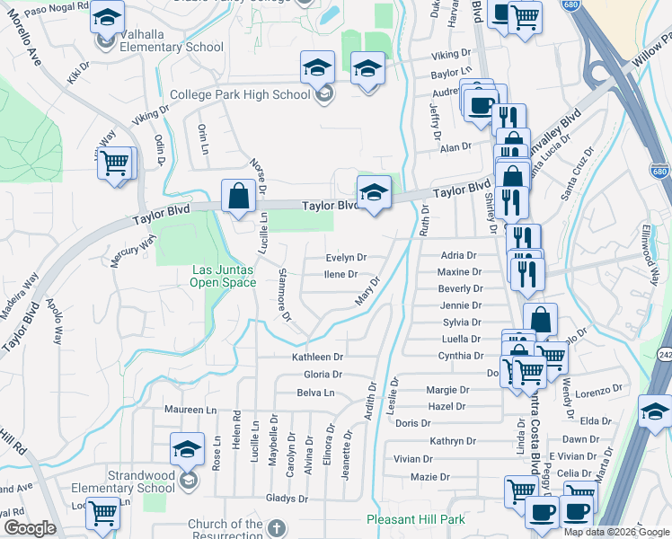 map of restaurants, bars, coffee shops, grocery stores, and more near 242 Ilene Drive in Pleasant Hill