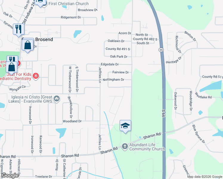 map of restaurants, bars, coffee shops, grocery stores, and more near 7399 County Road 526 South in Newburgh