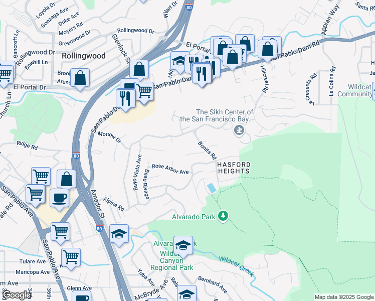 map of restaurants, bars, coffee shops, grocery stores, and more near 150 Bolduc Court in San Pablo