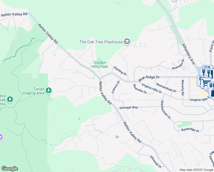 map of restaurants, bars, coffee shops, grocery stores, and more near 649 Sherree Drive in Martinez