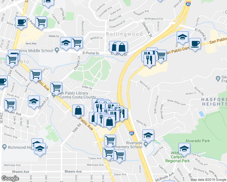 map of restaurants, bars, coffee shops, grocery stores, and more near 2661 Ridge Road in San Pablo