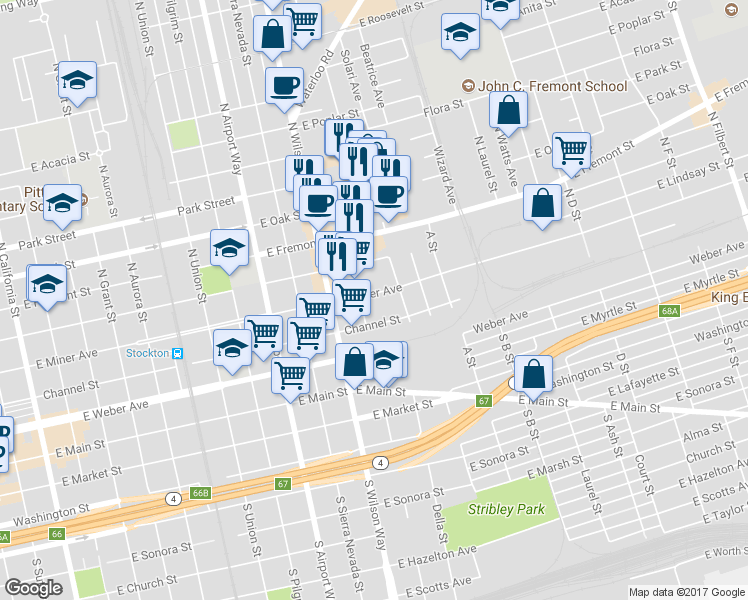 map of restaurants, bars, coffee shops, grocery stores, and more near 1624 East Miner Avenue in Stockton