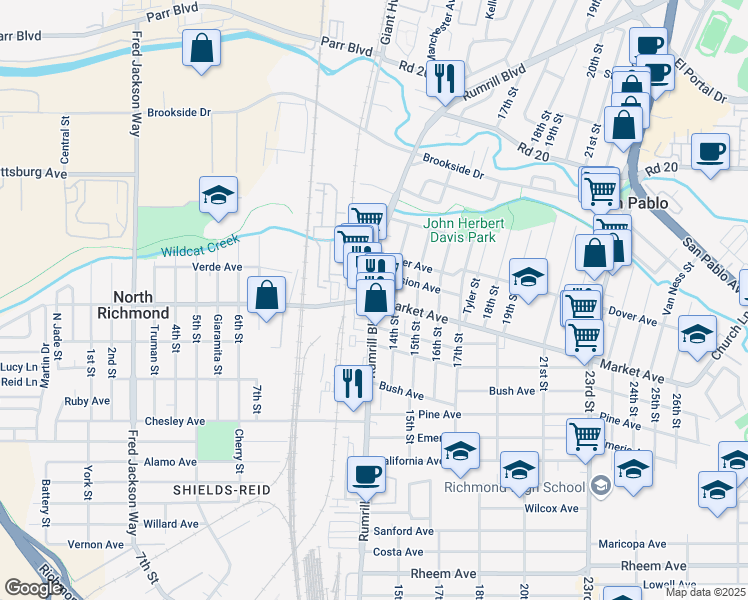 map of restaurants, bars, coffee shops, grocery stores, and more near Rumrill Blvd & Market Ave in San Pablo
