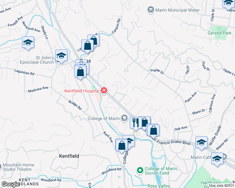 map of restaurants, bars, coffee shops, grocery stores, and more near 10 Toussin Avenue in Kentfield