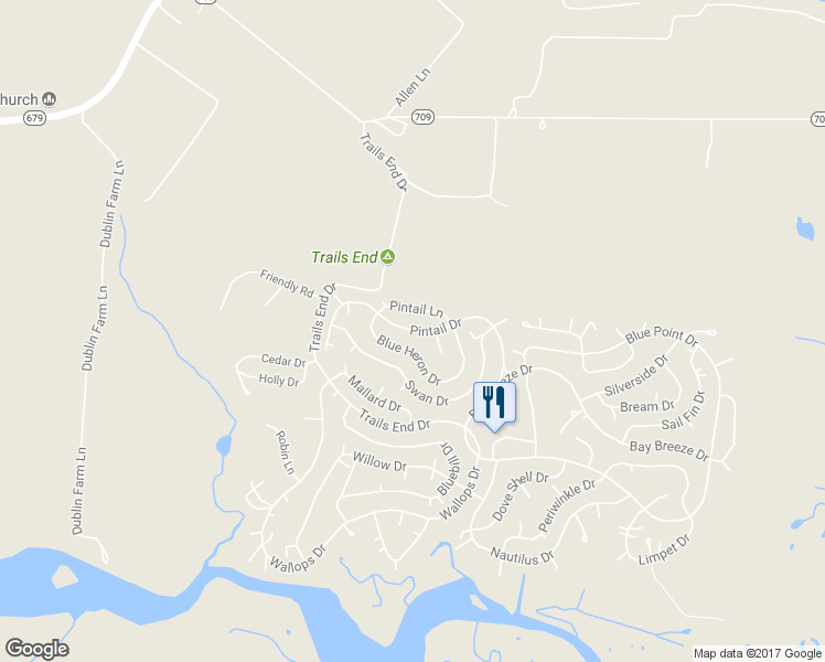 map of restaurants, bars, coffee shops, grocery stores, and more near Pintail Dr in Accomack
