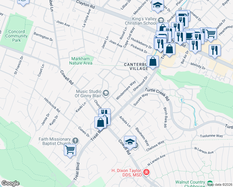 map of restaurants, bars, coffee shops, grocery stores, and more near 1275 Windermere Way in Concord