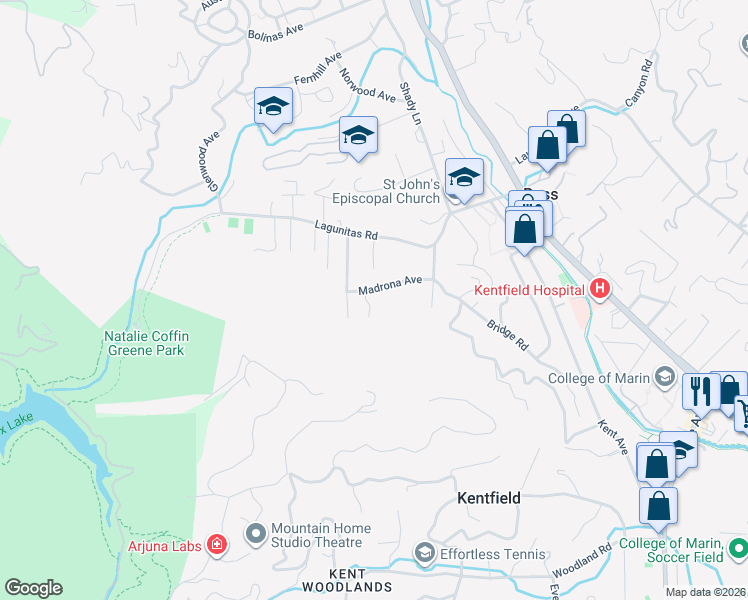 map of restaurants, bars, coffee shops, grocery stores, and more near 1 Spring Road in Ross