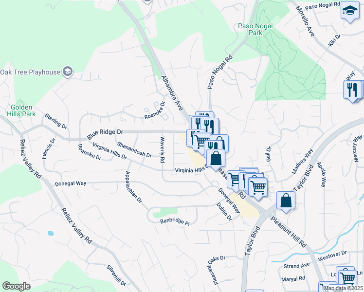 map of restaurants, bars, coffee shops, grocery stores, and more near 106 Henson Creek Court in Martinez