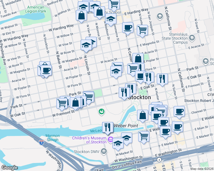 map of restaurants, bars, coffee shops, grocery stores, and more near 311 West Park Street in Stockton