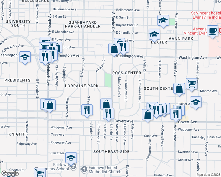 map of restaurants, bars, coffee shops, grocery stores, and more near 1301 South Boeke Road in Evansville