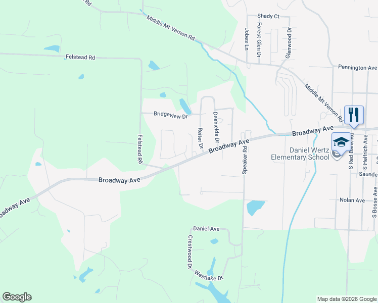 map of restaurants, bars, coffee shops, grocery stores, and more near 1626 Meadow West Drive in Evansville