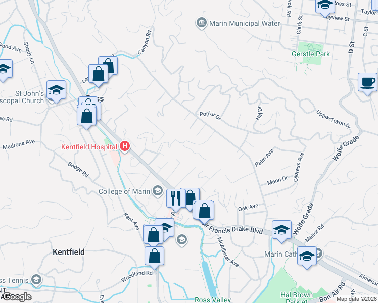 map of restaurants, bars, coffee shops, grocery stores, and more near 90 Hanken Drive in Kentfield