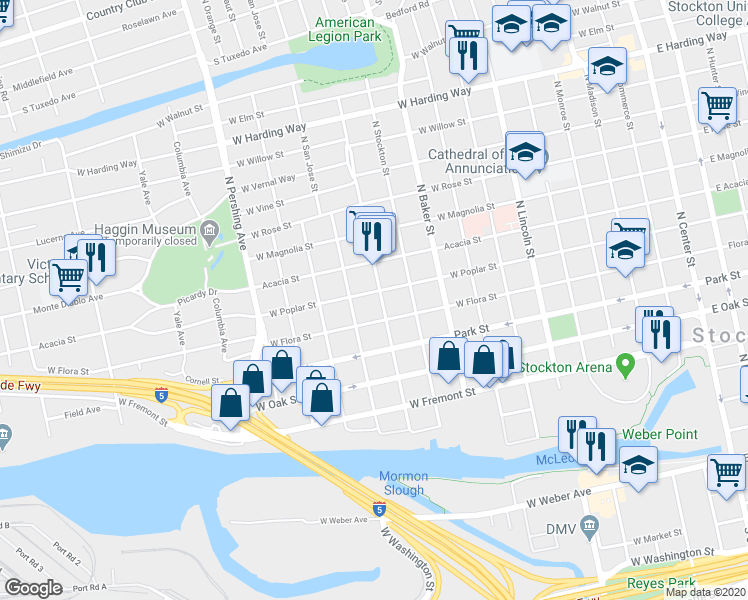 map of restaurants, bars, coffee shops, grocery stores, and more near 946 West Poplar Street in Stockton