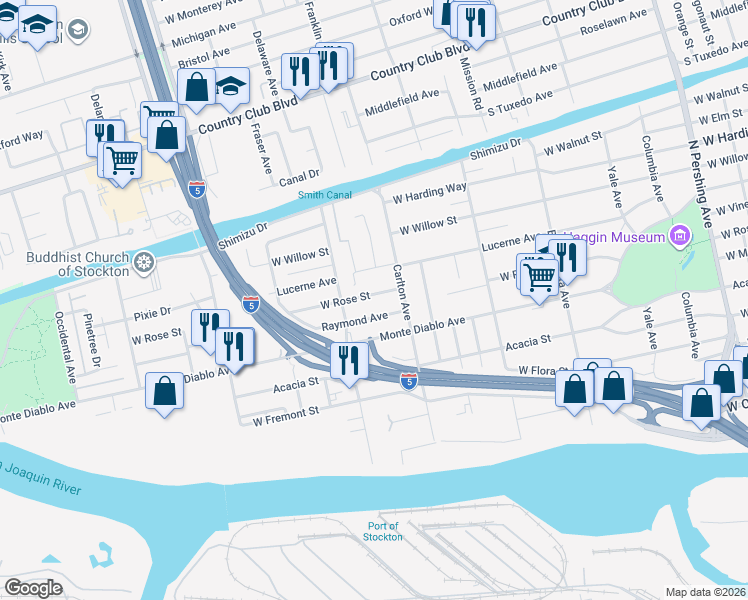 map of restaurants, bars, coffee shops, grocery stores, and more near 2175 West Rose Street in Stockton