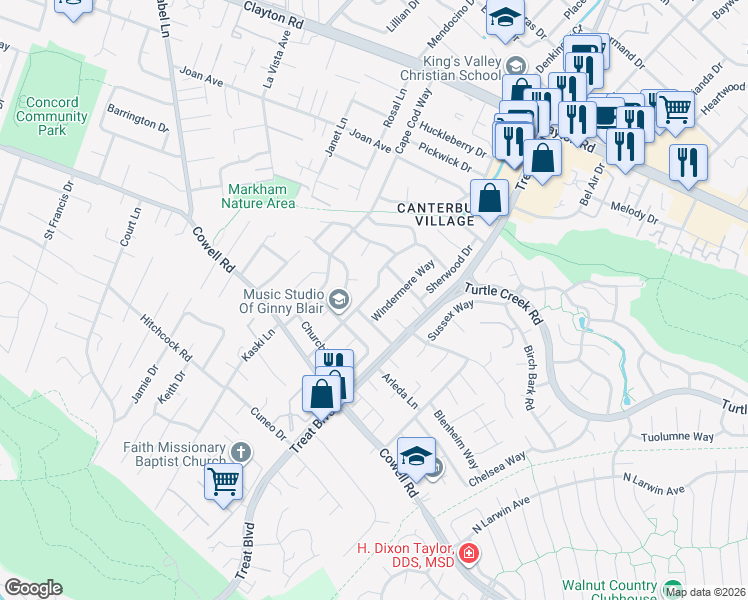 map of restaurants, bars, coffee shops, grocery stores, and more near 1275 Windermere Way in Concord