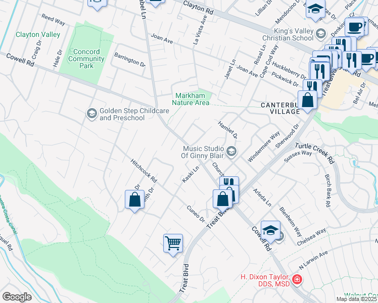map of restaurants, bars, coffee shops, grocery stores, and more near 4044 South Rosa Avenue in Concord