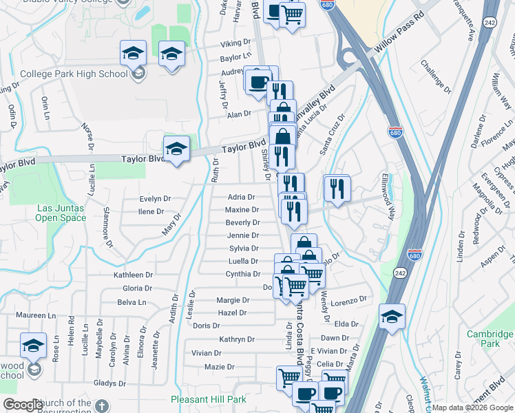 map of restaurants, bars, coffee shops, grocery stores, and more near 112 Maxine Drive in Pleasant Hill