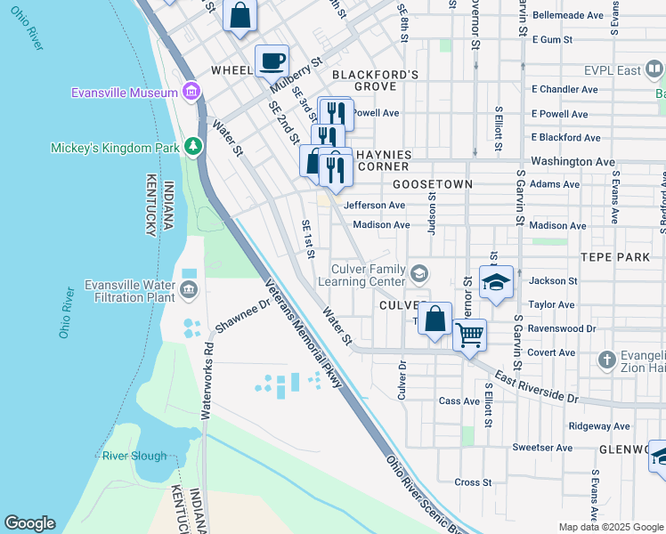 map of restaurants, bars, coffee shops, grocery stores, and more near 67 Monroe Avenue in Evansville