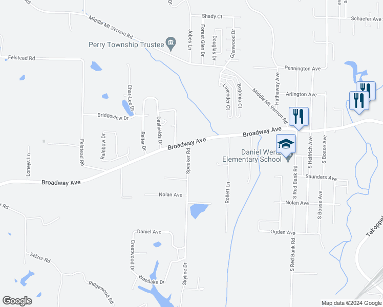 map of restaurants, bars, coffee shops, grocery stores, and more near 1601-1671 Speaker Road in Evansville