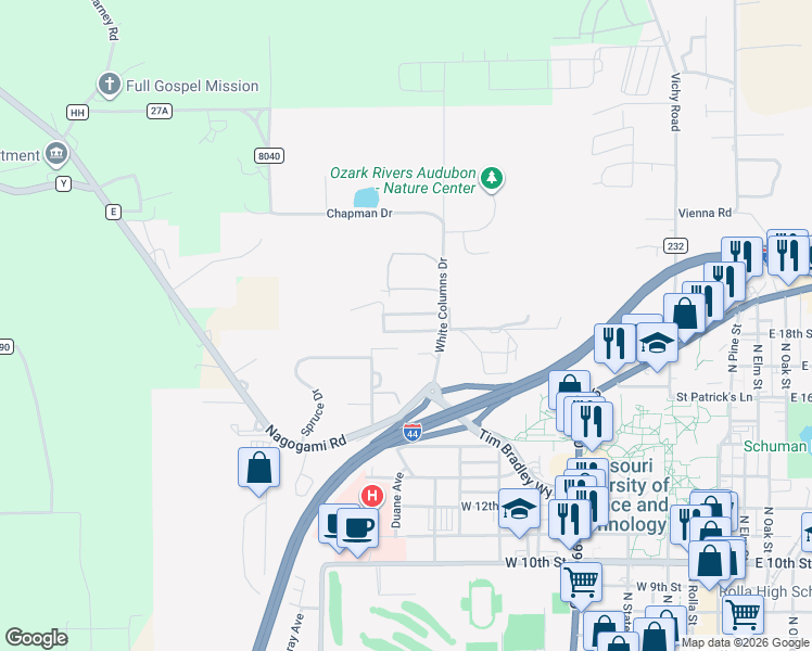 map of restaurants, bars, coffee shops, grocery stores, and more near 1821 White Columns Drive in Rolla