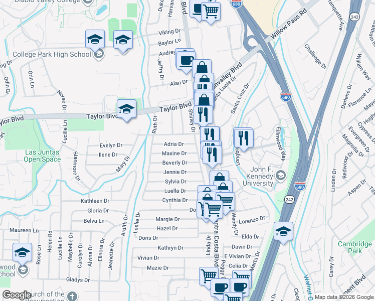 map of restaurants, bars, coffee shops, grocery stores, and more near 112 Maxine Drive in Pleasant Hill