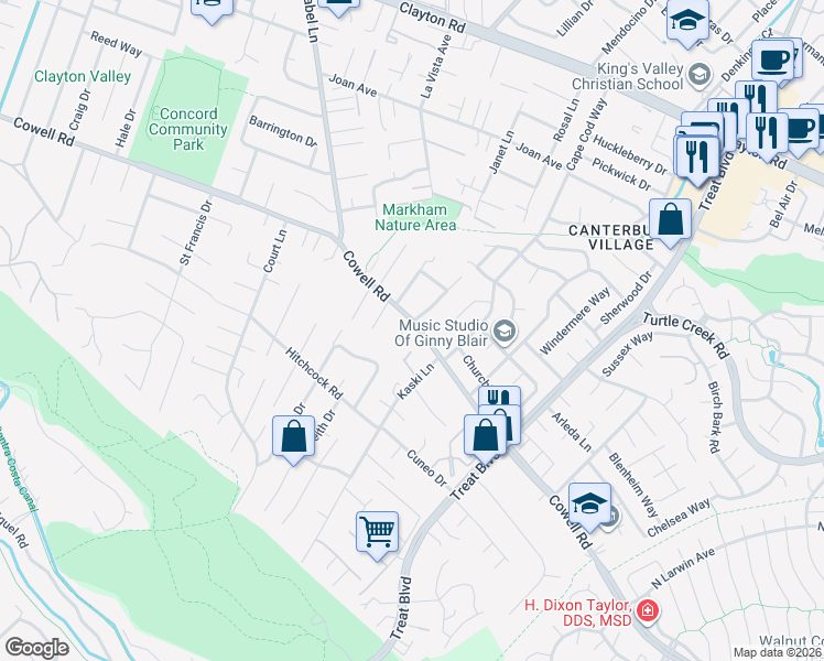 map of restaurants, bars, coffee shops, grocery stores, and more near 4044 South Rosa Avenue in Concord