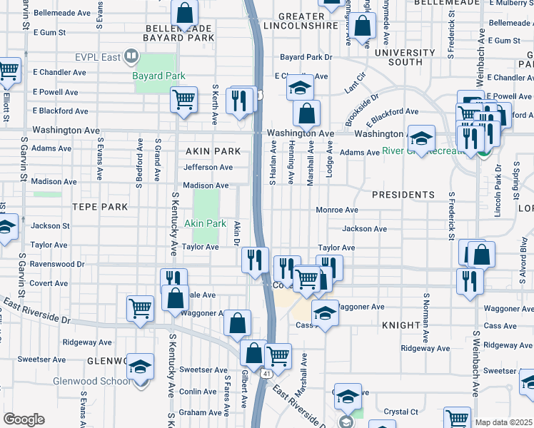 map of restaurants, bars, coffee shops, grocery stores, and more near 1301 South Harlan Avenue in Evansville