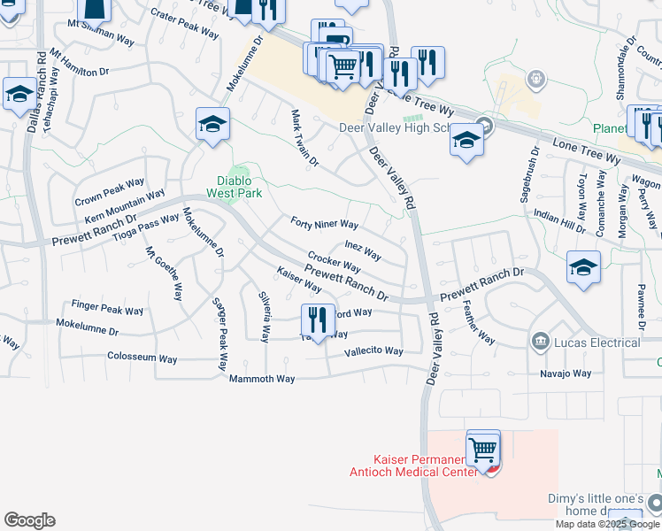 map of restaurants, bars, coffee shops, grocery stores, and more near 2458 Crocker Way in Antioch