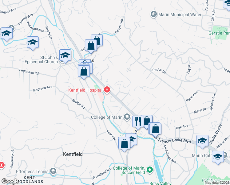 map of restaurants, bars, coffee shops, grocery stores, and more near 1118 Sir Francis Drake Boulevard in Kentfield