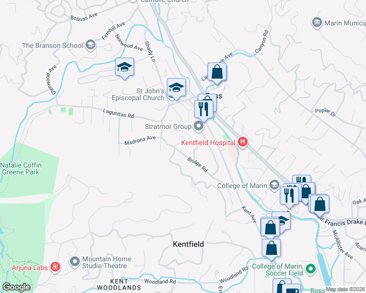 map of restaurants, bars, coffee shops, grocery stores, and more near 61 Bridge Road in Ross
