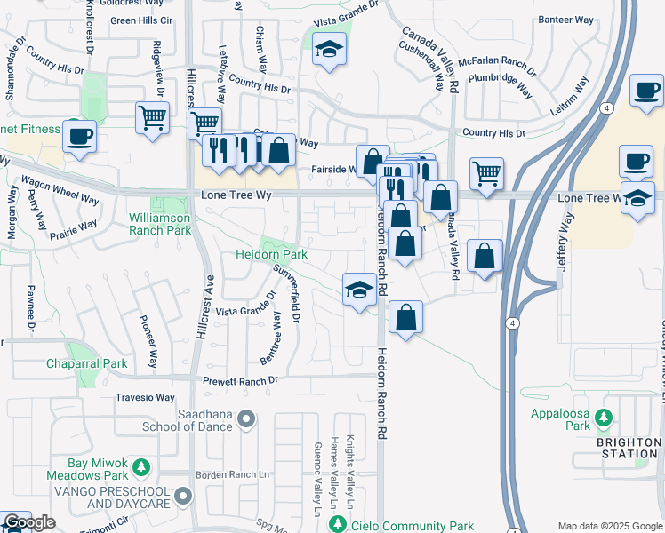 map of restaurants, bars, coffee shops, grocery stores, and more near 5213 Star Thistle Way in Antioch