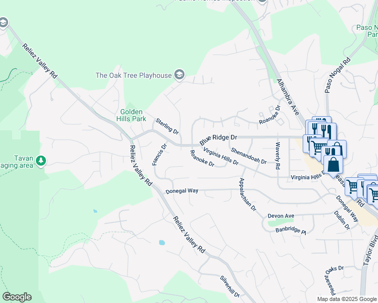 map of restaurants, bars, coffee shops, grocery stores, and more near 475 Roanoke Drive in Martinez