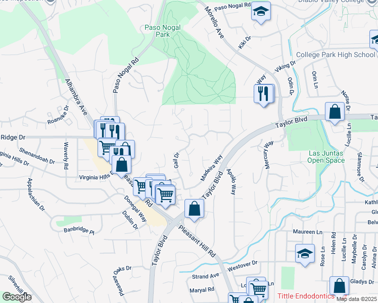 map of restaurants, bars, coffee shops, grocery stores, and more near 58 Ramsgate Lane in Pleasant Hill