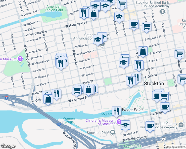 map of restaurants, bars, coffee shops, grocery stores, and more near 608 West Flora Street in Stockton